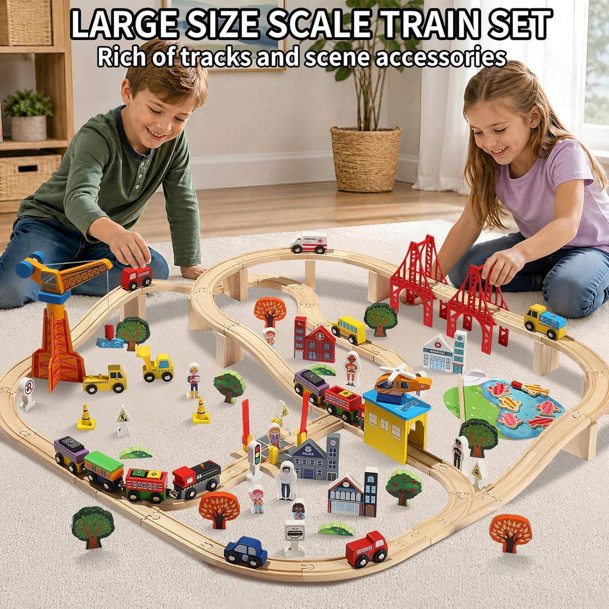 Juego de tren de madera de 120 piezas, tren de juguete con pistas para niños de 3 a 10 años, compatible con las principales marcas, juego de ferrocarril para niños y niñas