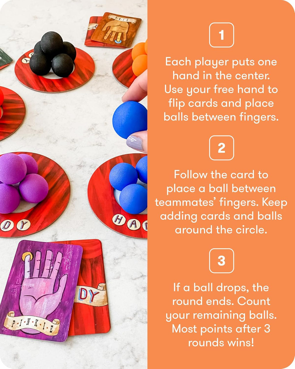 SimplyFun Handy - Juego familiar para niños y adultos a partir de 8 años - Juego de habilidades motoras finas con bolas suaves y cartas, para aula, fiesta o diversión nocturna de juego familiar