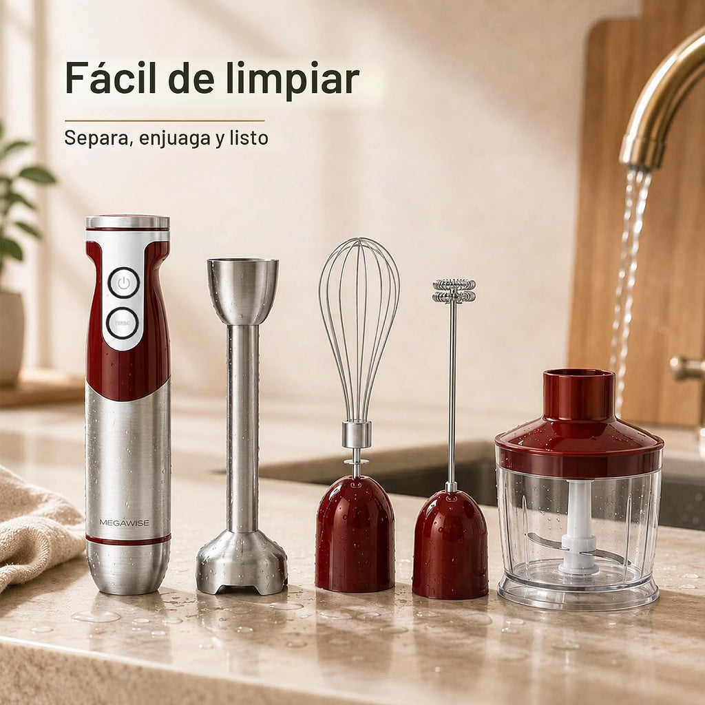 MegaWise Juego de batidora de mano de inmersión 5 en 1 con velocidad variable, 400 W, acero inoxidable, incluye picador, batidor, espumador de leche y vaso medidor, ideal para sopas, batidos