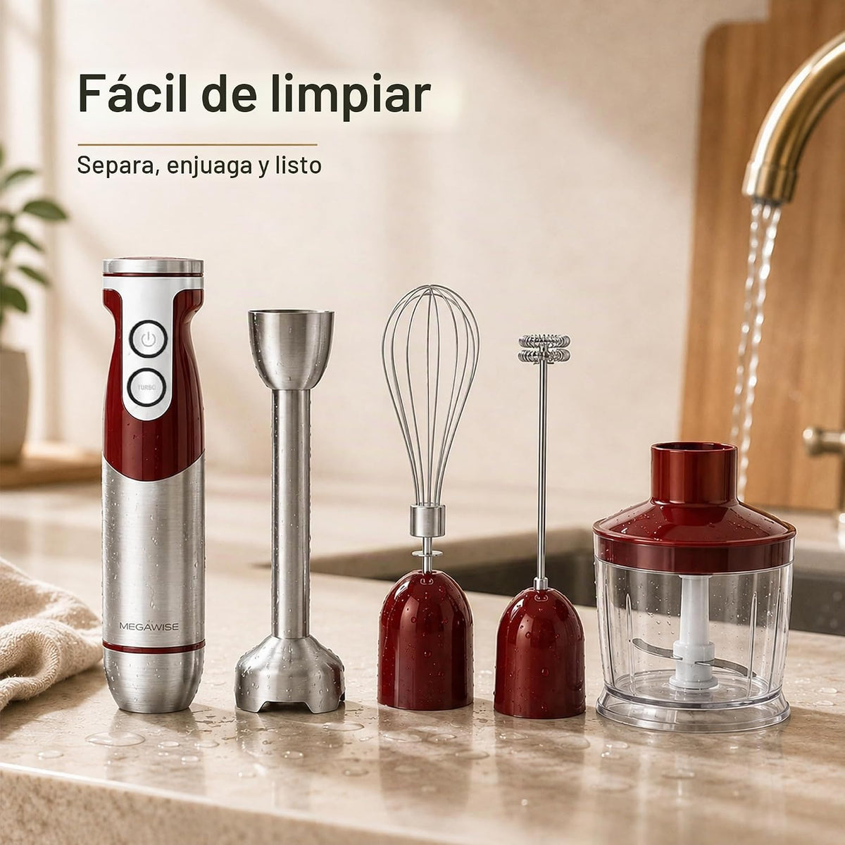 MegaWise Juego de batidora de mano de inmersión 5 en 1 con velocidad variable, 400 W, acero inoxidable, incluye picador, batidor, espumador de leche y vaso medidor, ideal para sopas, batidos