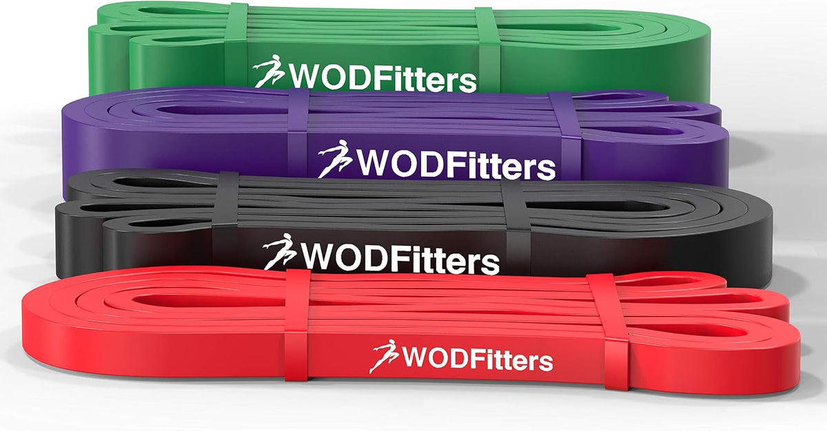 WODFitters Juego de bandas de resistencia con correa protectora, juego de bandas de asistencia de 4 niveles para entrenamiento de fuerza, estiramiento y gimnasio en casa, bandas de ejercicio de látex