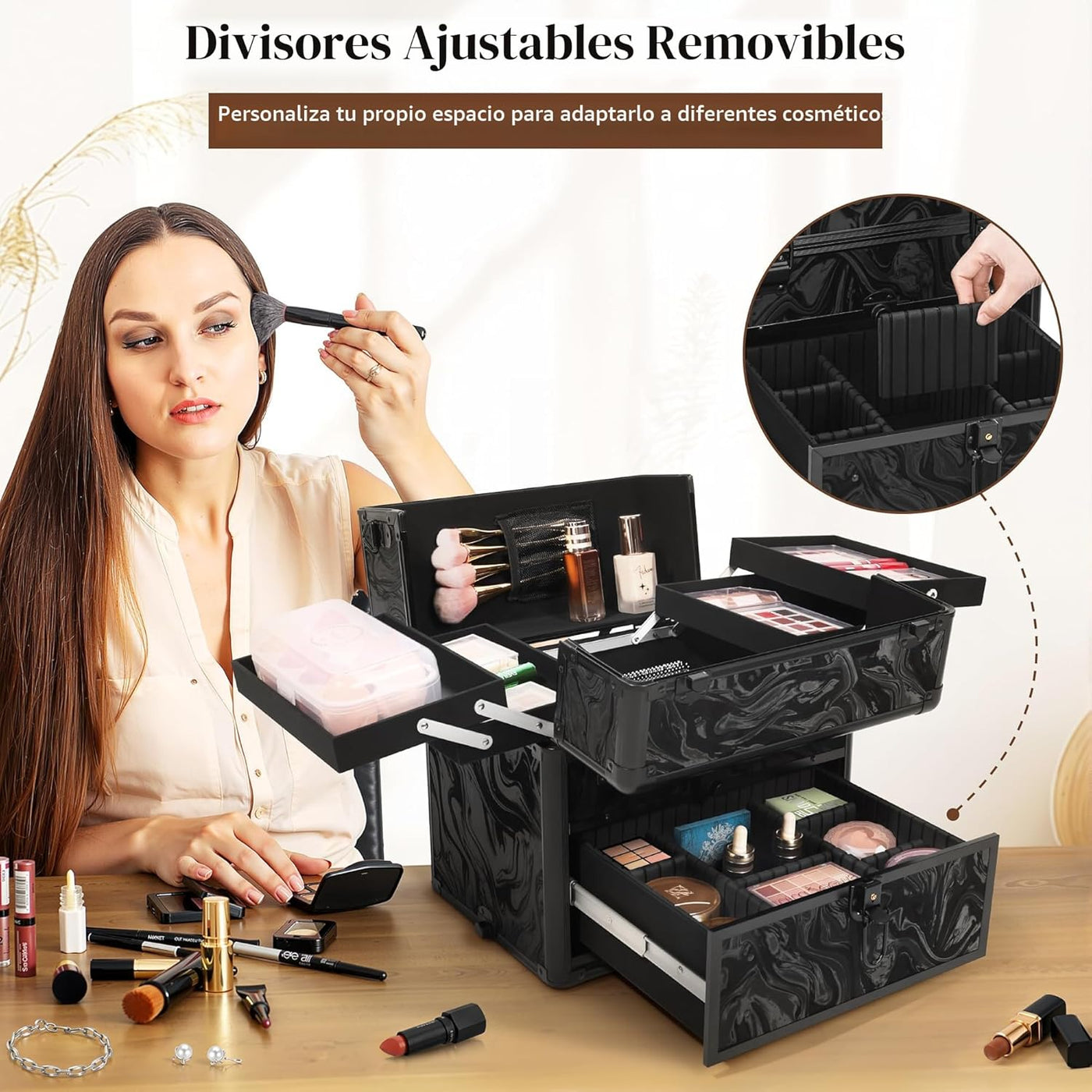 AROUS Estuche de maquillaje rodante con 3 cajones, estuche de cosme...