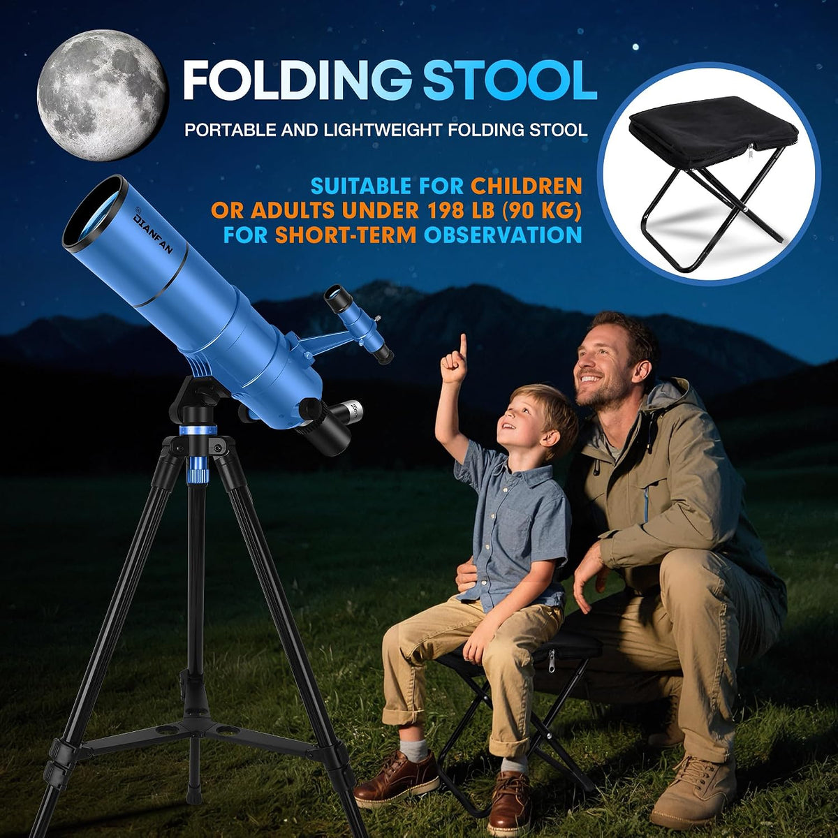Telescopio para niños y adultos, 3.543 in de apertura, 21.654 in, telescopio astronómico profesional para adultos de alta potencia, telescopios de viaje portátiles para principiantes con trípode y adaptador, bolsa, taburete plegable