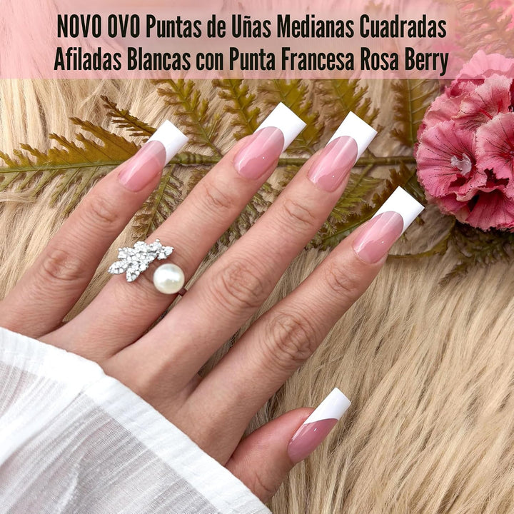 NOVO OVO Puntas de uñas postizas cuadradas blancas medianas y afila...