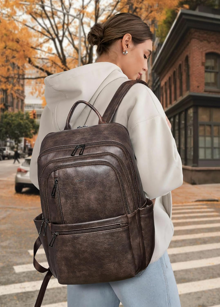 Shrrie Mochila de cuero para laptop de 17 pulgadas para mujer, moch...