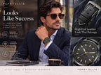 Reloj Perry Ellis para hombre con energía solar | Relojes de pulsera analógicos resistentes al agua de cuero vegano para hombre | Caja de 43mm | Bisel taquimétrico de aluminio | Elegante regalo para