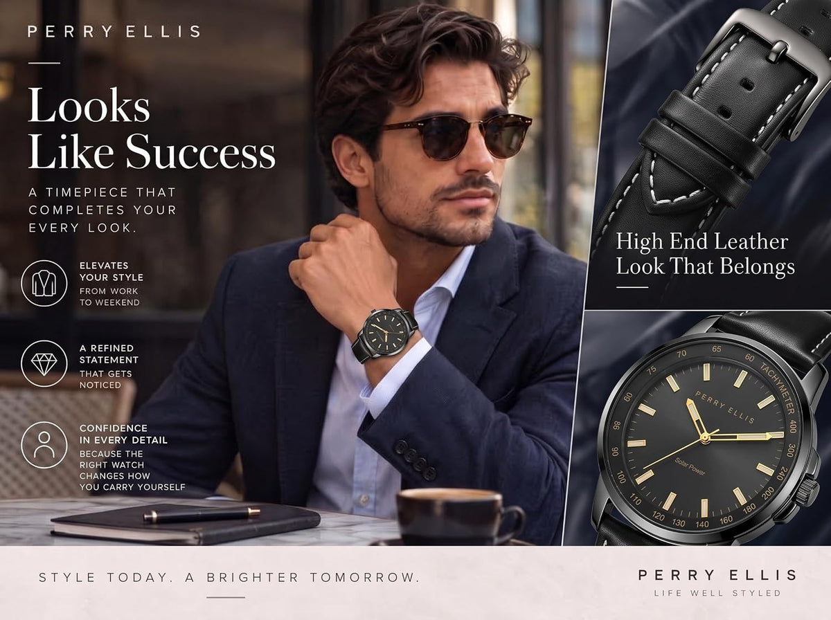 Reloj Perry Ellis para hombre con energía solar | Relojes de pulsera analógicos resistentes al agua de cuero vegano para hombre | Caja de 43mm | Bisel taquimétrico de aluminio | Elegante regalo para