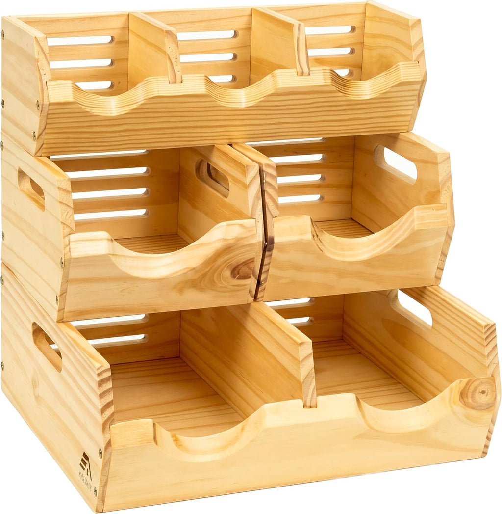 HOMESTEAD Contenedor de almacenamiento de madera apilable de 3 niveles, organizador de almacenamiento ventilado de papa y cebolla con asas, contenedores organizadores de despensa de madera para