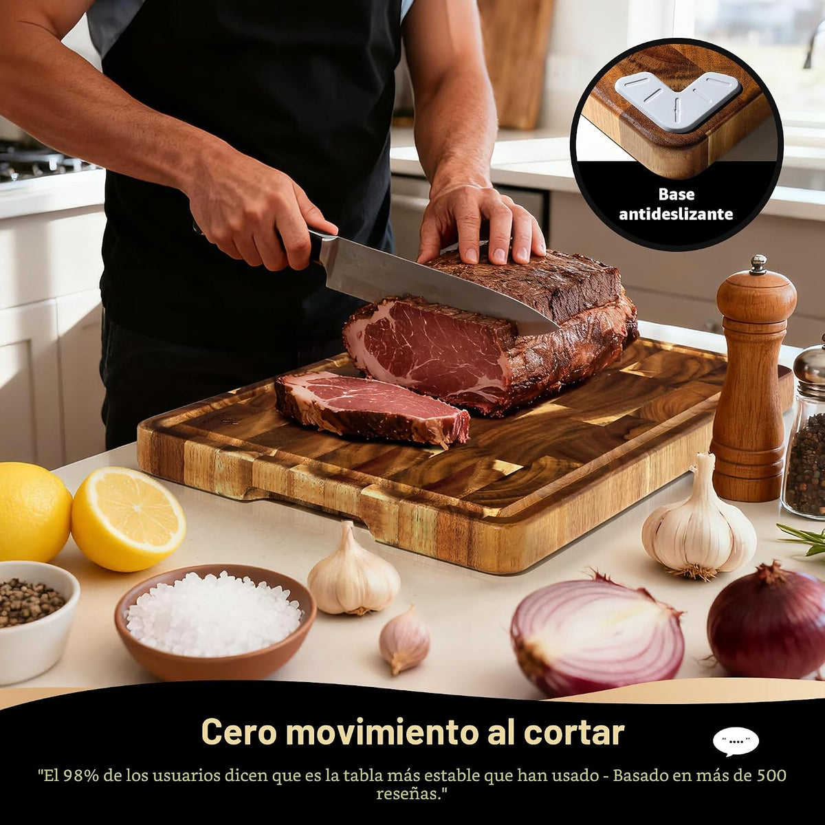 Tabla de cortar de madera de acacia con base antideslizante para cocina