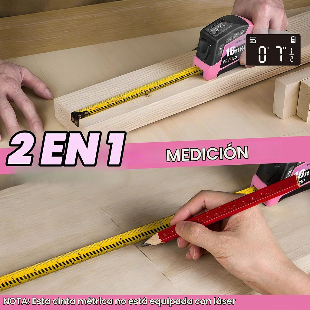 PREXISO - Cinta métrica digital 2 en 1, cinta métrica digital rosa de 16