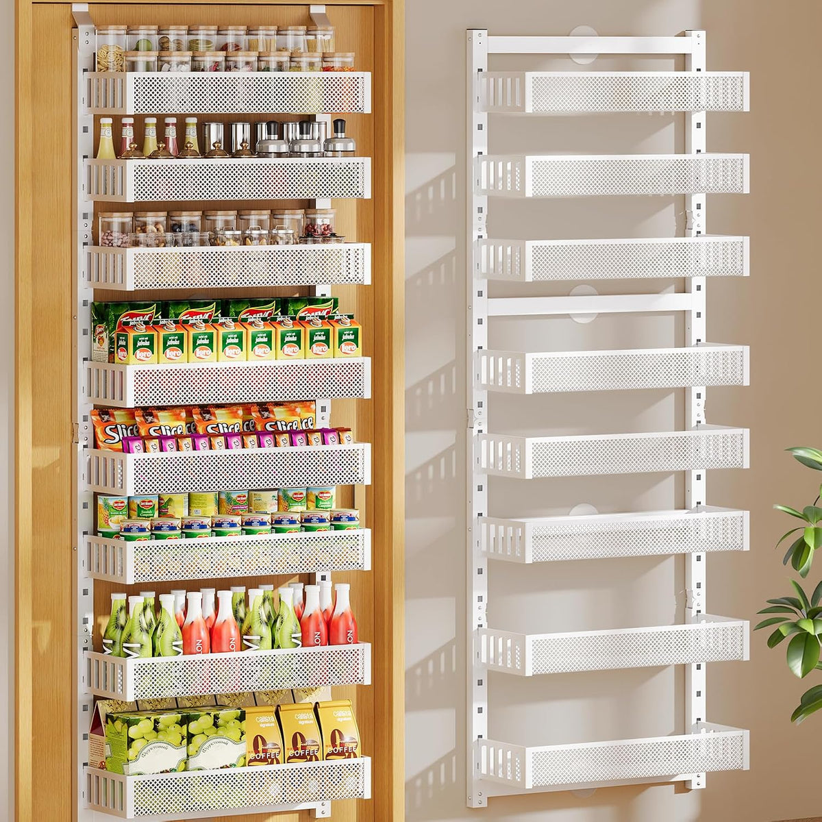 Organizador de despensa de 8 niveles sobre la puerta, soporte de pared 2 en 1 o estante de especias colgante con cesta elevada ajustable, almacenamiento resistente en la parte trasera de la
