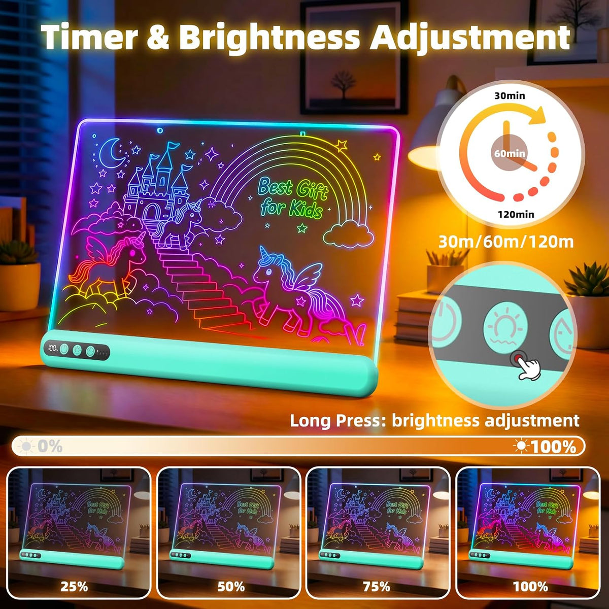 Tablero de dibujo LED de 16 pulgadas para niños, tablero de notas LED recargable con 7 colores, tableta de dibujo iluminada, 7 modos dinásticos, incluye adaptador, regalos de Navidad, cumpleaños