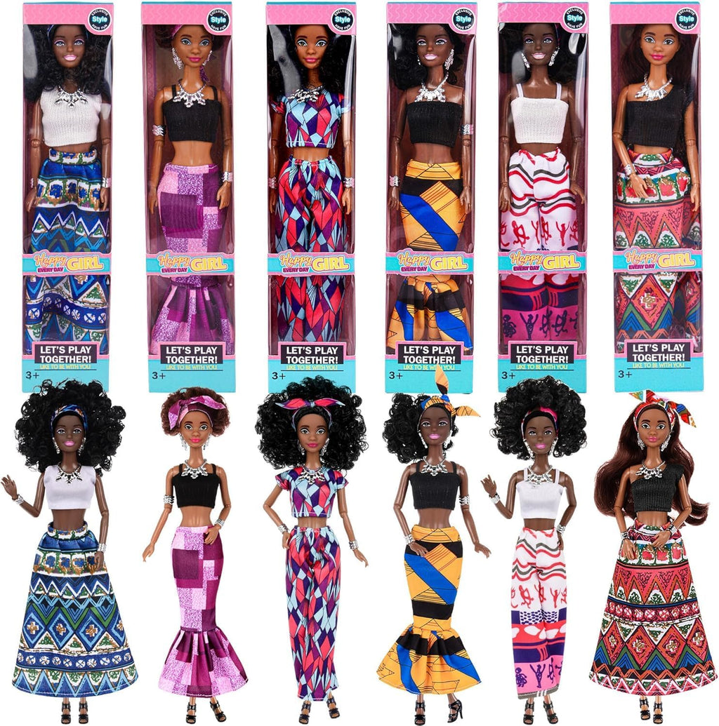 dollbie Juego de 6 muñecas de moda afroamericana con trajes para mezclar y combinar, muñecas negras posables de 11.5 pulgadas y 5 accesorios cada uno (corona, collar, pañuelo y más) + estuche de