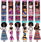 dollbie Juego de 6 muñecas de moda afroamericana con trajes para mezclar y combinar, muñecas negras posables de 11.5 pulgadas y 5 accesorios cada uno (corona, collar, pañuelo y más) + estuche de
