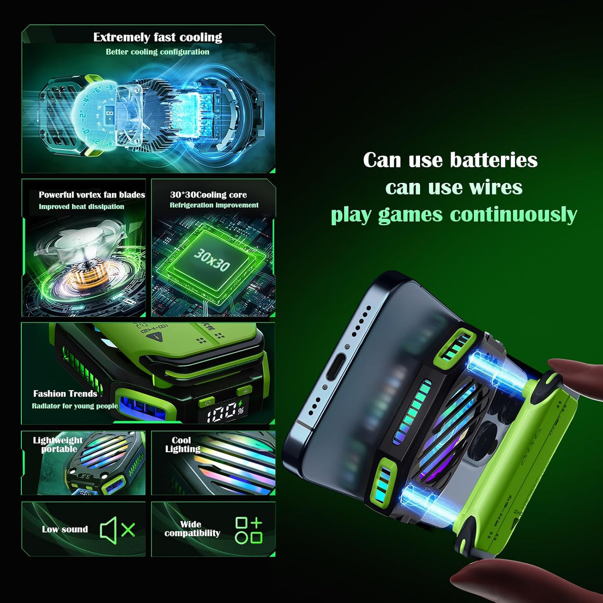 Enfriador magnético para teléfono con batería recargable, ventilador de refrigeración LED con refrigeración de semiconductores, enfriador de teléfono con pantalla de alimentación, adecuado para
