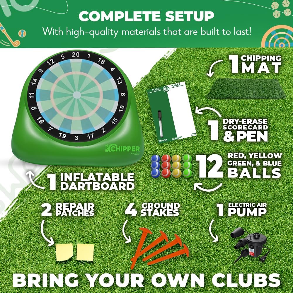 Swooc Games® - Bull Chipper™ | Dardos de golf gigantes (más de 6 pies de alto) con más de 10 juegos de golf | Juego de patio trasero con bomba de aire | Juego de patio para adultos | Diversión gigante