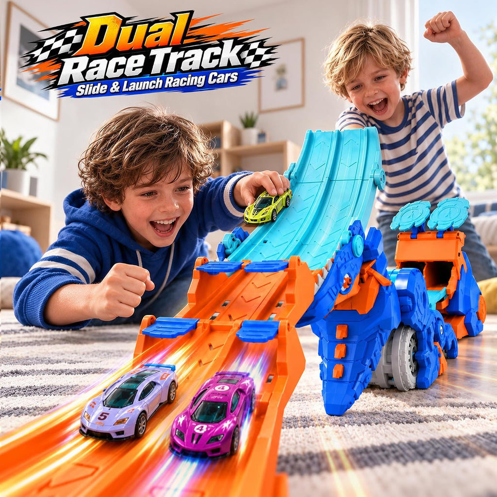 Camión de dinosaurio 4 en 1 con 6 autos fundidos, camión de dinosaurio de transporte transformable con lanzadores de doble pista y pistas deslizantes plegables