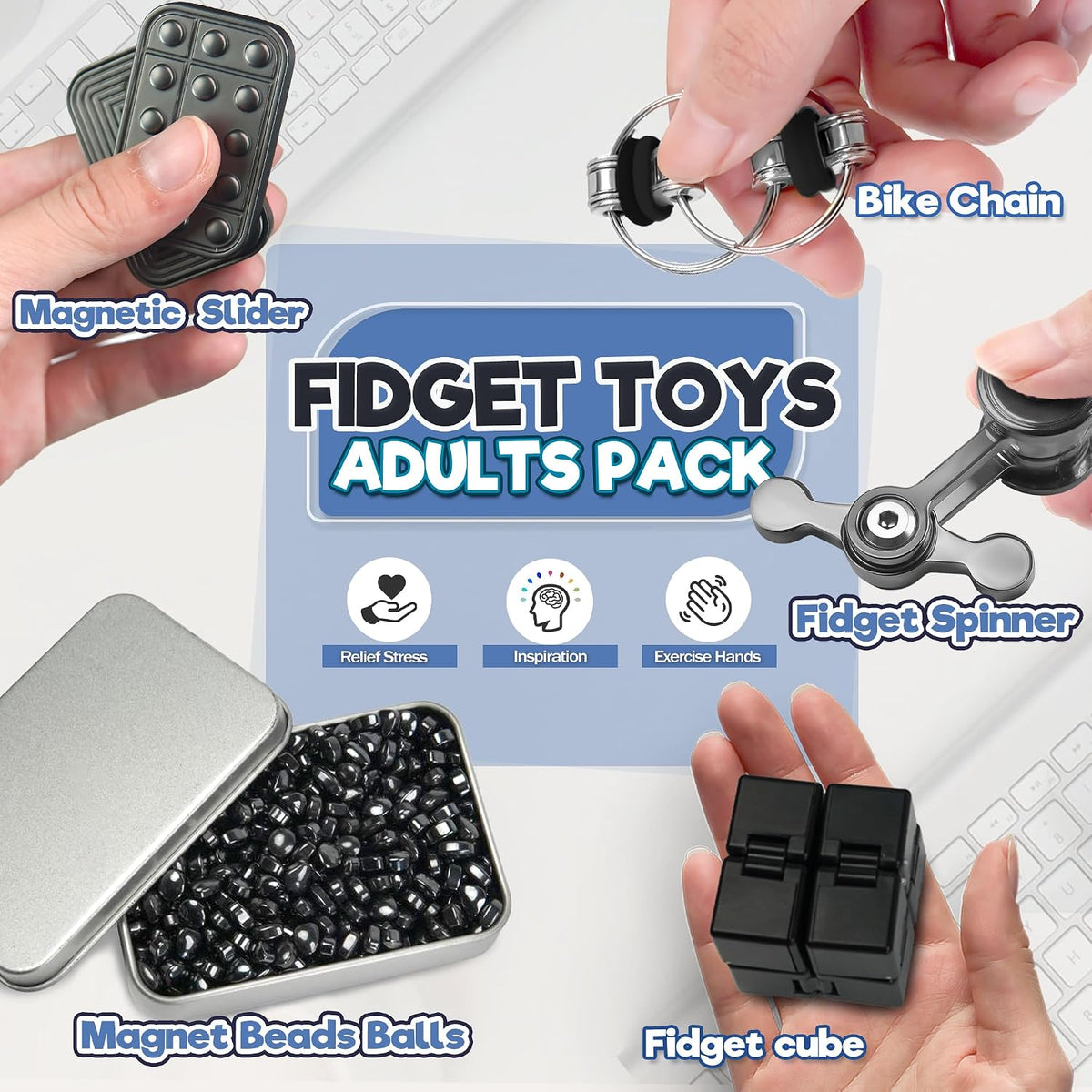 5 piezas de juguetes para ansiedad para adultos y adolescentes, masilla magnética, accesorios deslizantes, juguetes giratorios de metal, cubo de oficina, juguete sensorial para autismo, TDAH, alivio del estrés, artículos de ansiedad, regalo para adolescen