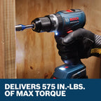 BOSCH GSB18V-65N Taladro martillo sin escobillas de 1/2 pulgada - 575 pulgadas-libras Par máximo, control de retroceso conmutable, selector de modo rápido, luces de trabajo LED duales, portabrocas