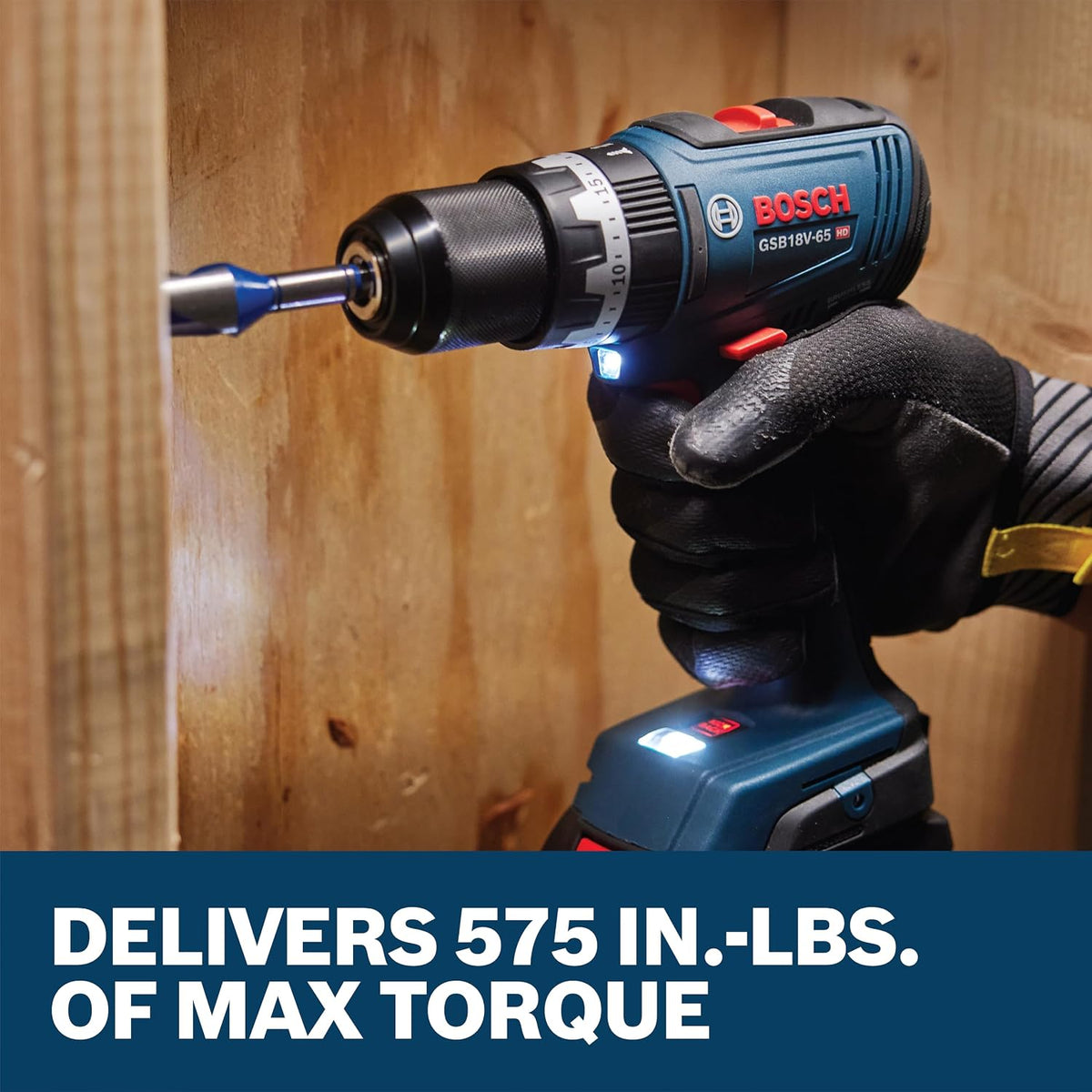 BOSCH GSB18V-65N Taladro martillo sin escobillas de 1/2 pulgada - 575 pulgadas-libras Par máximo, control de retroceso conmutable, selector de modo rápido, luces de trabajo LED duales, portabrocas