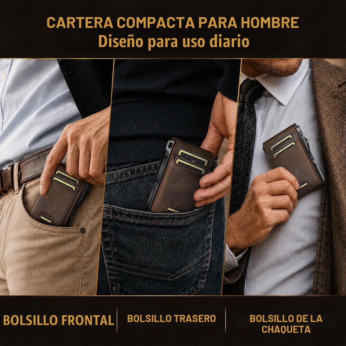 RUNBOX Cartera plegable de cuero genuino para hombres, tarjetero delgado