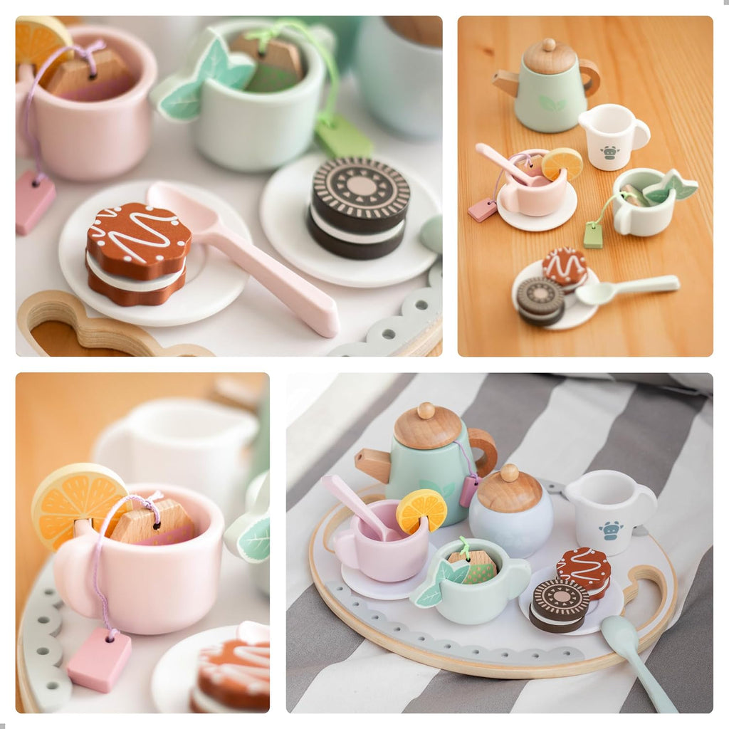 UMU® Juego de Té de Madera para Niños – Juguete de Fiesta de Té de Juego Simulado con Tazas Coloridas, Bolsitas de Té, Rodajas de Limón y Más – Juguete de Juego de Rol Montessori para Edades 3 4 5 6