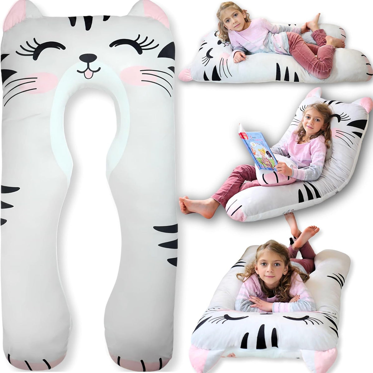 Almohada corporal de gato para niños, almohada de 47 pulgadas en forma de U para niños, dormir, leer, TDAH y necesidades especiales, comodidad, ansiedad, funda lavable, regalo divertido para acurrucarse para niños y niñas