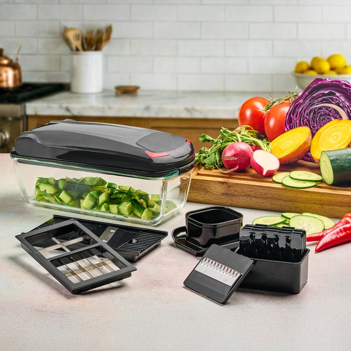 Le'raze Picadora de verduras 13 en 1 Pro con recipiente de vidrio, cuchillas de acero inoxidable, sin BPA, cortador de mandolina, manual