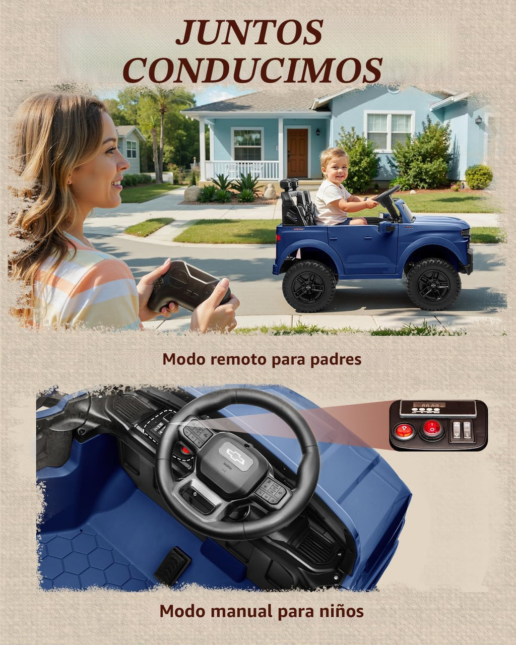 First Ride On Juguetes de 24 V y 2 plazas con licencia Chevrolet Silverado, vehículo eléctrico con control remoto y cinturones de seguridad, camión eléctrico con maletero, Bluetooth y luces LED (azul)