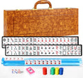 Juego de mahjong americano premium con funda de piel sintética de lujo marrón, 166 azulejos blancos, 4 bastidores Mahjong todo en uno con empujadores, fichas y dados