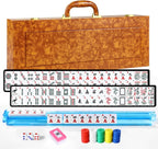 Juego de mahjong americano premium con funda de piel sintética de lujo marrón, 166 azulejos blancos, 4 bastidores Mahjong todo en uno con empujadores, fichas y dados