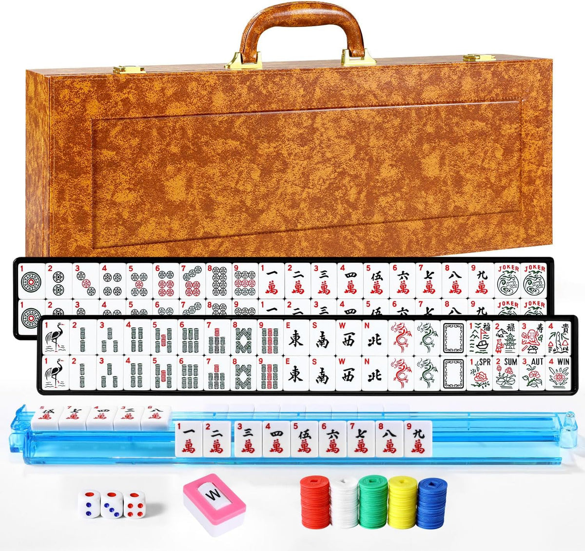 Juego de mahjong americano premium con funda de piel sintética de lujo marrón, 166 azulejos blancos, 4 bastidores Mahjong todo en uno con empujadores, fichas y dados