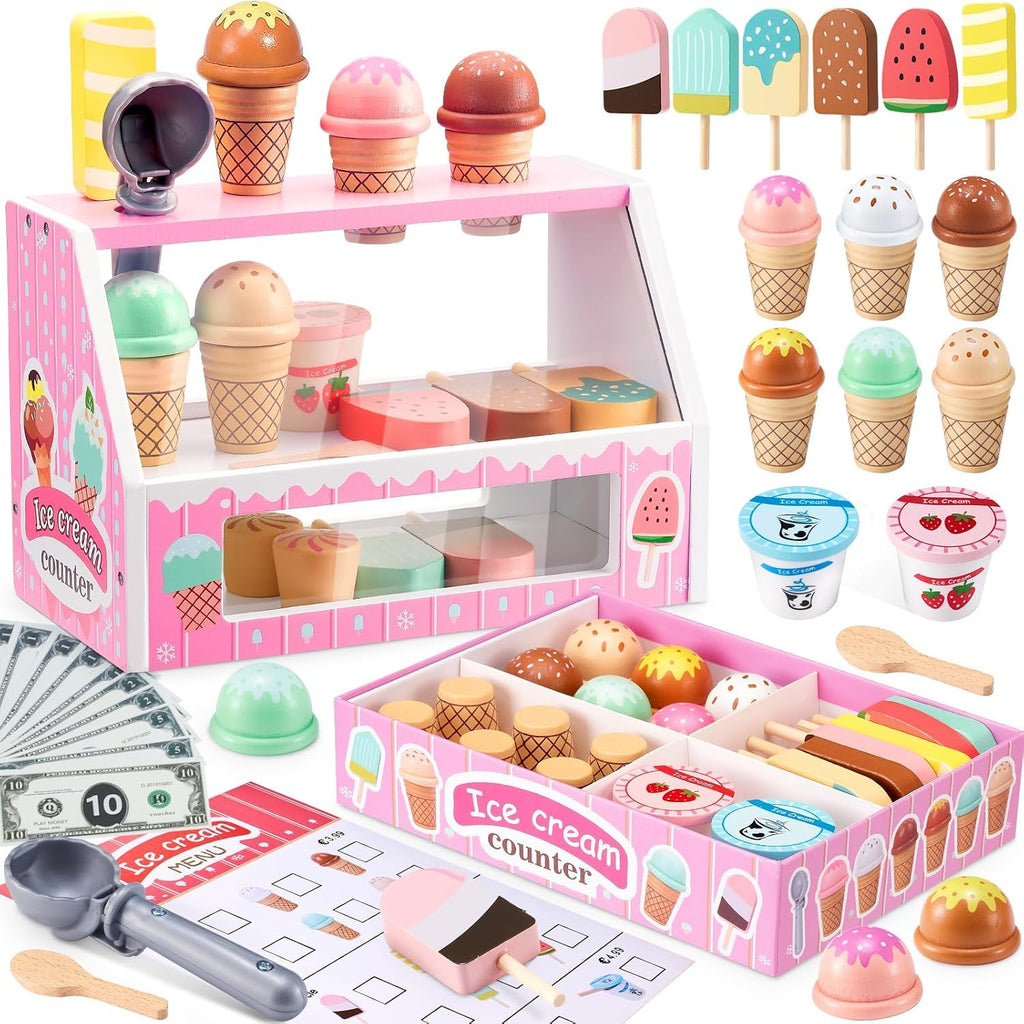 Juego de mesa de madera para contador de helados para niñas pequeñas, tienda de juegos, juguete de simulación, accesorios de cocina con dinero y moneda falsos, regalos de cumpleaños de Navidad para niños de 3 años en adelante (rosa)