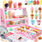 Juego de mesa de madera para contador de helados para niñas pequeñas, tienda de juegos, juguete de simulación, accesorios de cocina con dinero y moneda falsos, regalos de cumpleaños de Navidad para niños de 3 años en adelante (rosa)