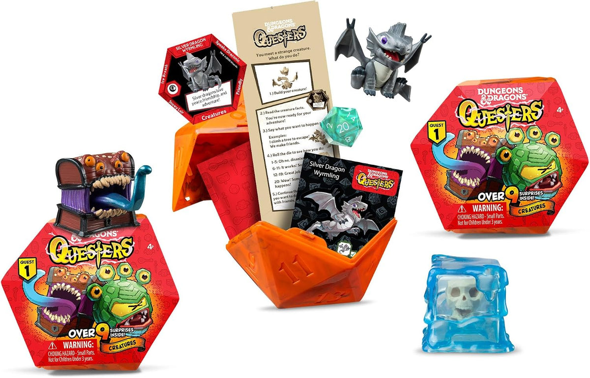 Dungeons & Dragons Questers Figuras de criatura, paquete de 3, figuras coleccionables de juguete de fantasía de D&D, pequeño cubo gelatinoso, Wyrmling plateado y cofre del tesoro mímico