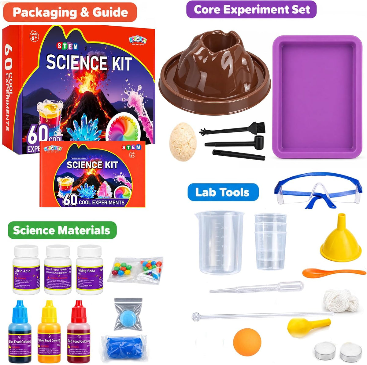 BenBen - Kit de ciencia para niños de 6 a 8 años, 60 experimentos de iniciación, regalo de cumpleaños