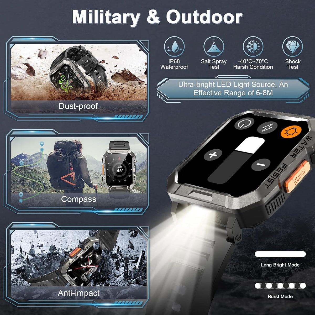 Reloj inteligente militar para hombre (respuesta/hacer llamadas), reloj inteligente deportivo al aire libre con linterna/batería de 100 días/brújula/frecuencia cardíaca/spO2/monitor de sueño/2 correas, rastreador de fitness para teléfonos iPhone/Android