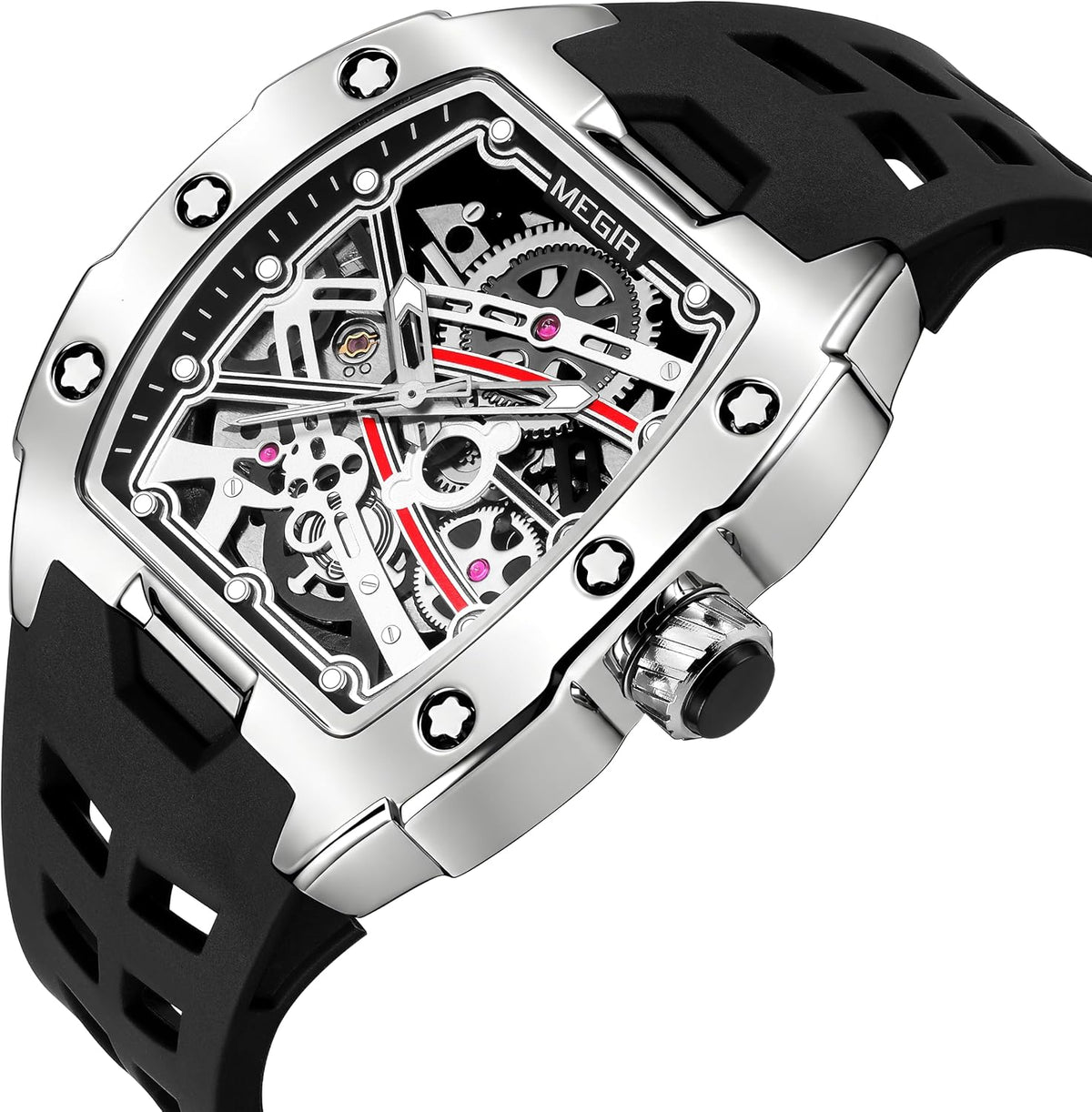 MEGIR Reloj mecánico automático esqueletado para hombre con correa de silicona