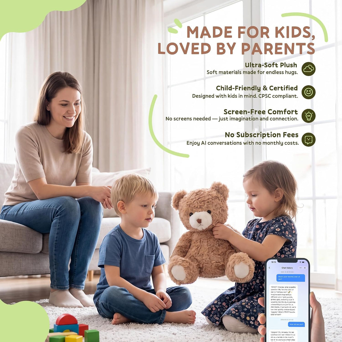 Oso de peluche AI para niños de 3 a 9 años, conversación de IA en tiempo real y respuestas de voz inteligentes, compañero de IA interactivo sin pantalla para la hora de acostarse, historias