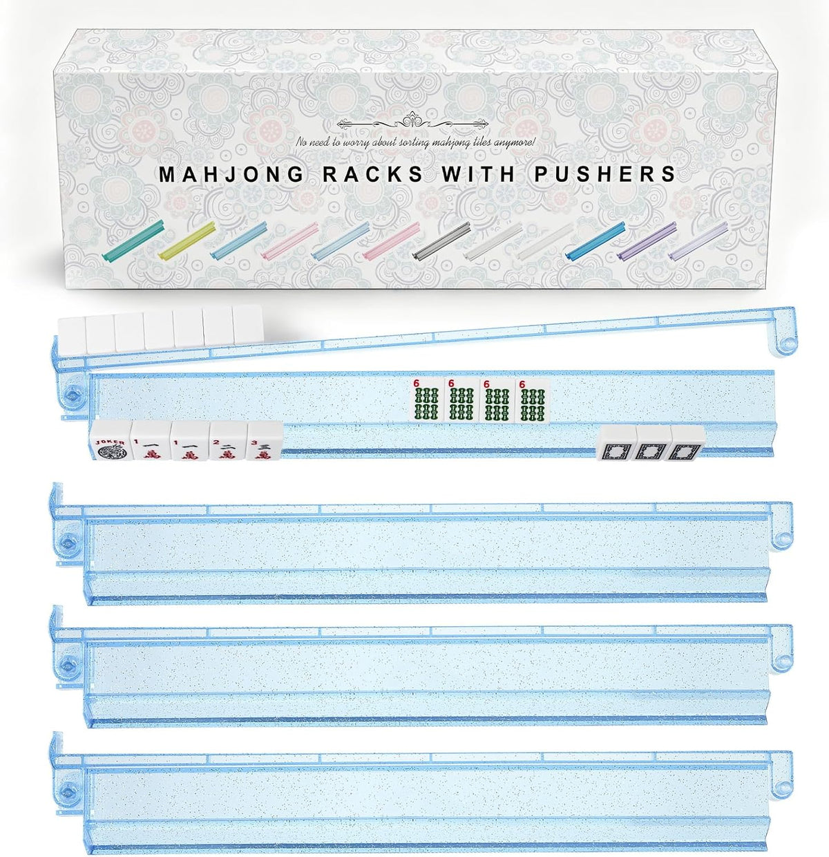 Racks transparentes premium para Mahjong con empujadores, paquete de 4 racks antideslizantes de acrílico