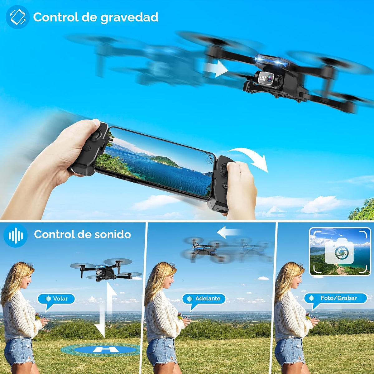 Drone con cámara 1080P - Drone plegable RC Quadcopter FPV con control