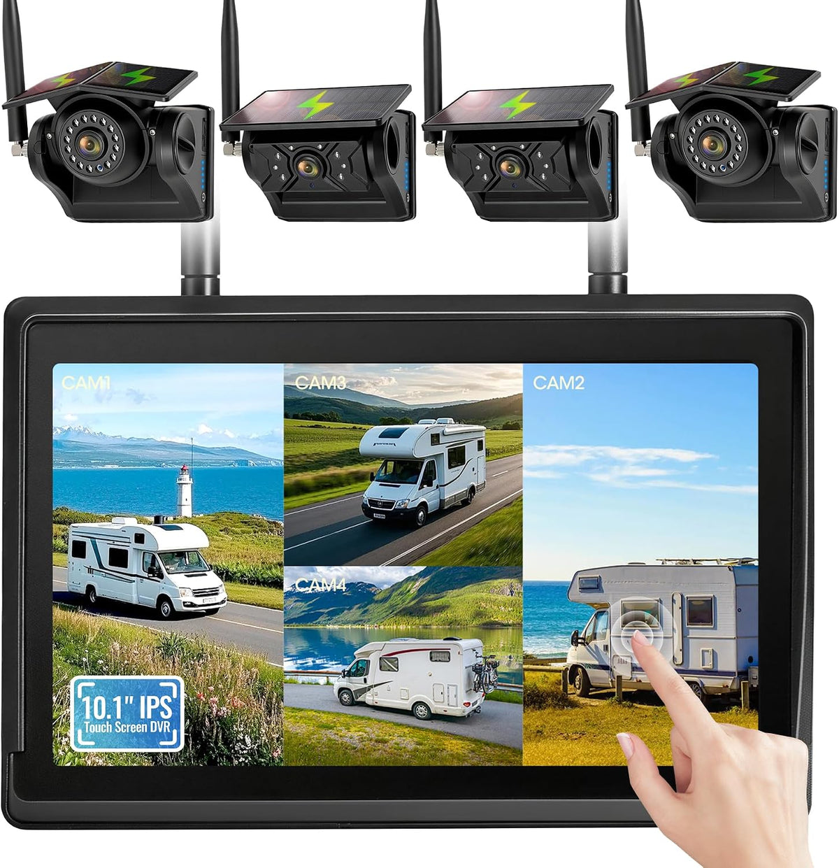 Sistema de cámara de respaldo inalámbrico solar magnético, pantalla táctil IPS DVR de 10.1 pulgadas, 2 cámaras de visión trasera + 2 cámaras de visión nocturna lateral para enganchar remolque