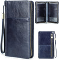 Cartera de viaje de cuero de grano superior para hombre y mujer, hecha a mano con tres capas para 4 pasaportes y múltiples tarjetas, bloqueo RFID de gran capacidad para tarjetas, pasaportes, boletos, azul