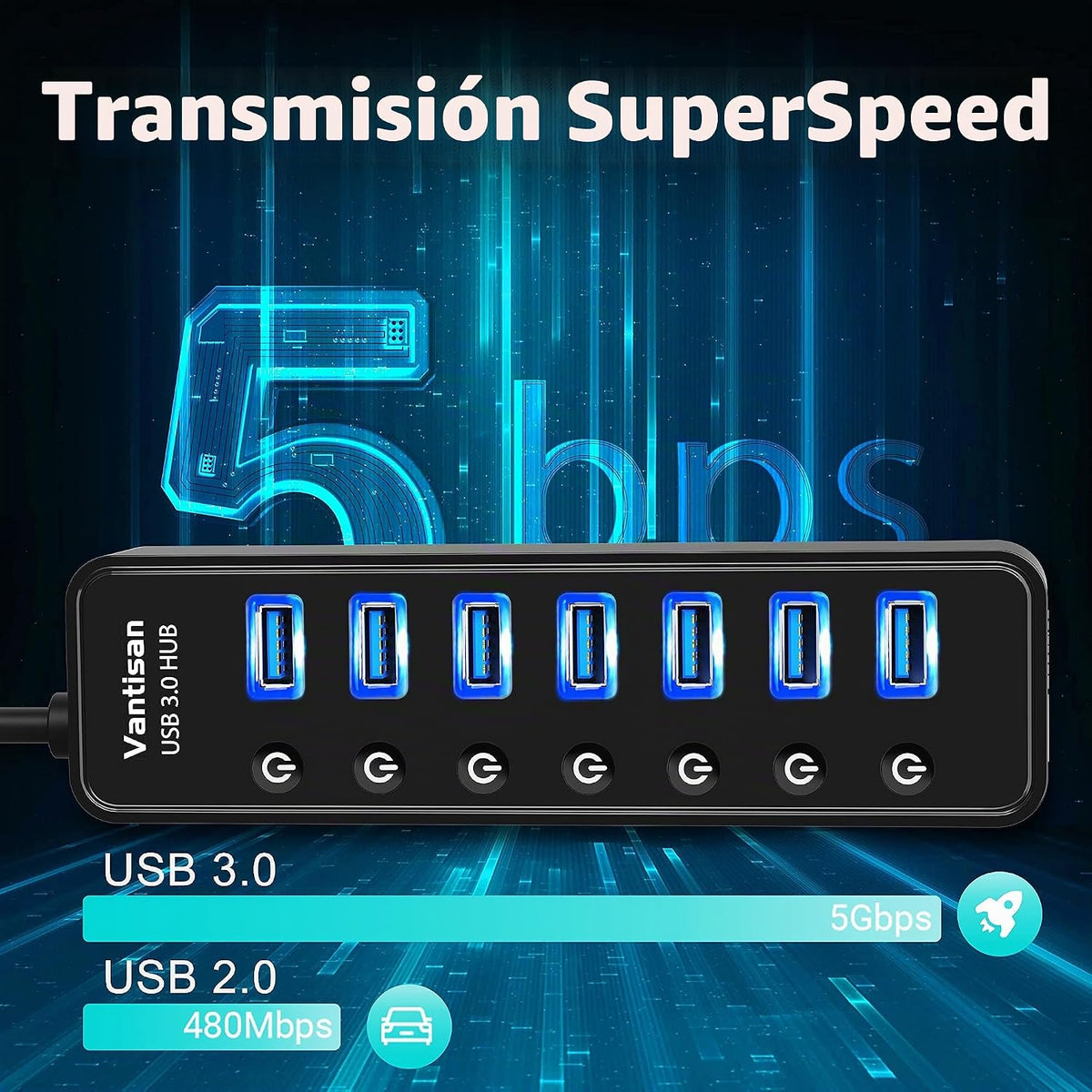 vantisan, BYX2-0504000-1, hub USB 3.0 de 7 puertos, alimentado, con puerto de carga inteligente, adaptador 5V/4A