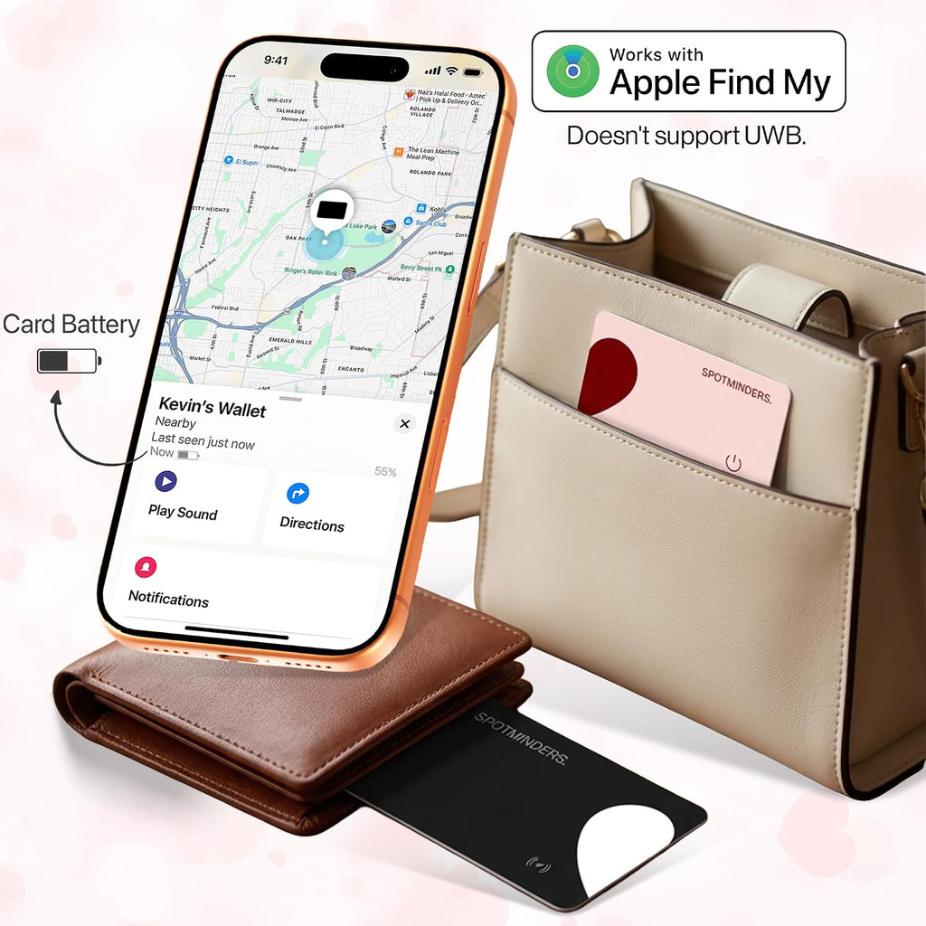 SPOTMINDERS - Paquete de 2 rastreadores de cartera con certificación MFi de Apple, color negro y rosa (solo iOS), paquete de viaje para parejas, 0.07 pulgadas, funciona con Apple Find My recargable, buscador de artículos delgado para equipaje, pasaporte