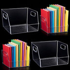 4 piezas de almacenamiento grande transparente para libros de 8.5 x 8.5 x 5.3 pulgadas, organizador de libros, apilable, contenedores de almacenamiento con asa, estantería de oficina, estante