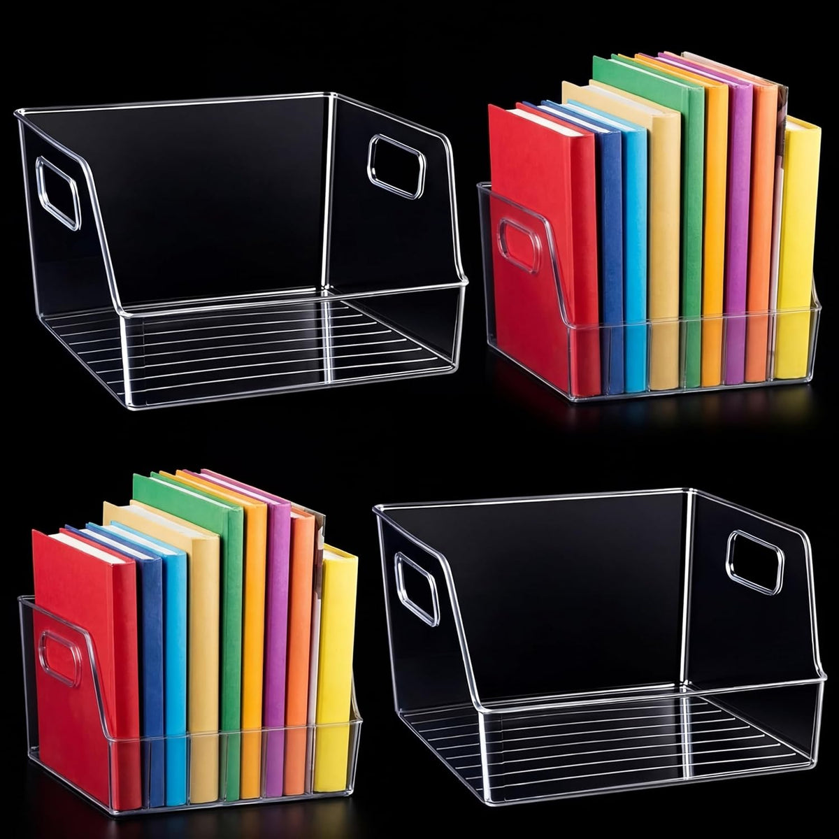 4 piezas de almacenamiento grande transparente para libros de 8.5 x 8.5 x 5.3 pulgadas, organizador de libros, apilable, contenedores de almacenamiento con asa, estantería de oficina, estante