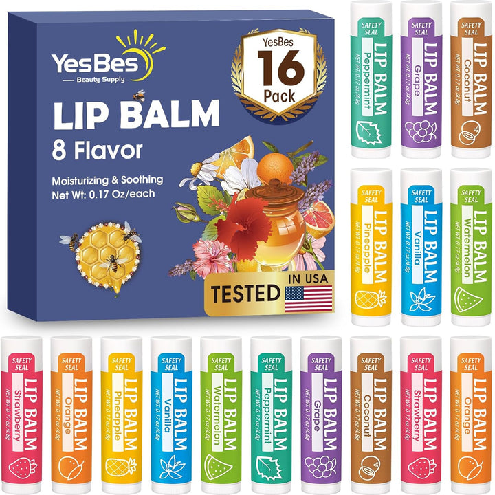 YesBes Paquete de 16 bálsamos labiales, bálsamo labial natural a gr...