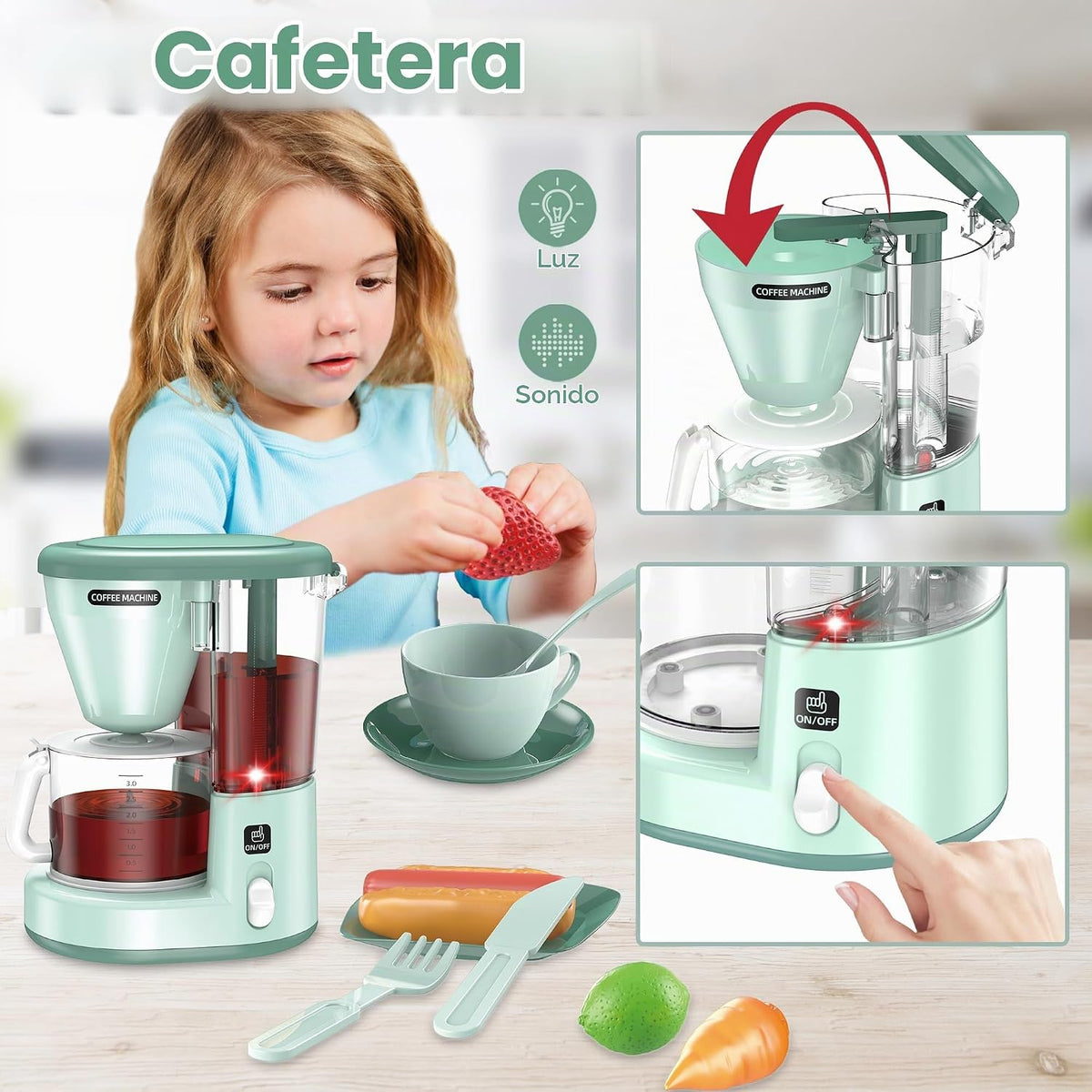 Accesorios para Cocina de Jugar para Niños, Juego de Electrodomésticos de Cocina de Fantasía con Cafetera, Tostadora, Licuadora, Batidora, Juguetes de Cocina con Luz y Sonido, Sets de Cocina para Niños de 3 4 5 6 años