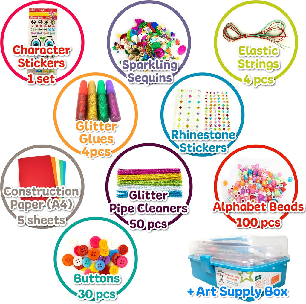 Olly Kids Biblioteca de kits de manualidades en una caja organizadora de plástico para manualidades, suministros de arte y manualidades para niños de 4, 5, 6, 7, 8, 9, 10, 11 y 12 años, niños y niñas
